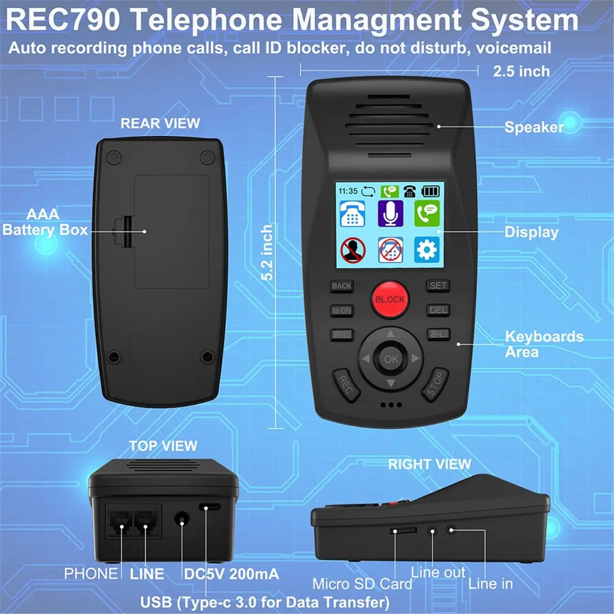 MIC Record Analog Digital Phone Recording Box with LCD Display Voice Message & Remote Voicemail Playback