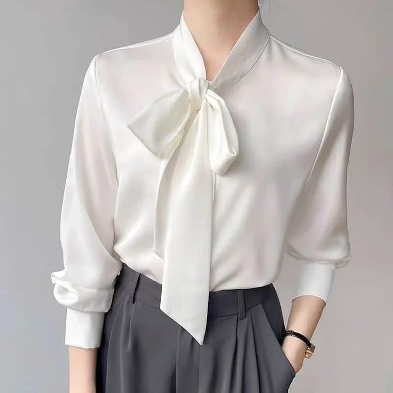 

Satin Chiffon Shirts for Women Vintage Long Sleeved Casual Korean Style Bow Neck Fold Design One Piece Blouse Office Women Tops
