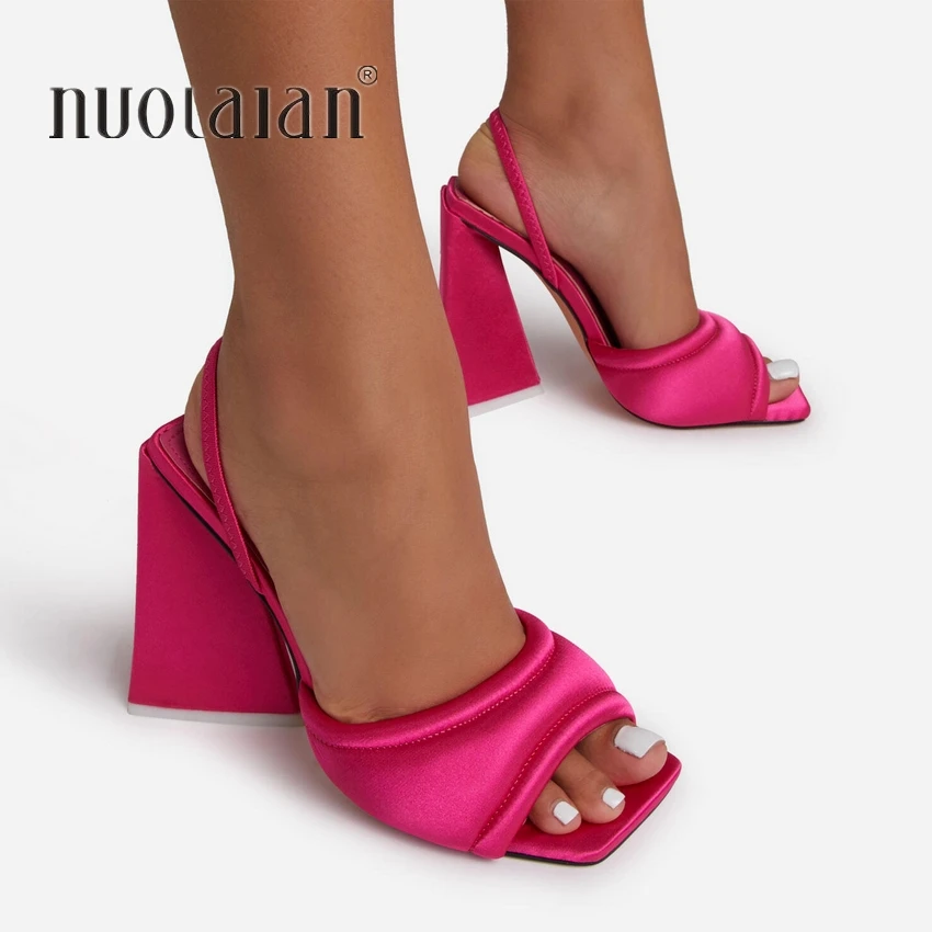 

Triangle High Heels Summer Sandals Women Sexy Satin Soft Padded Party Shoes Comfort Runway Back Strap Dress Pump Shoes Woman