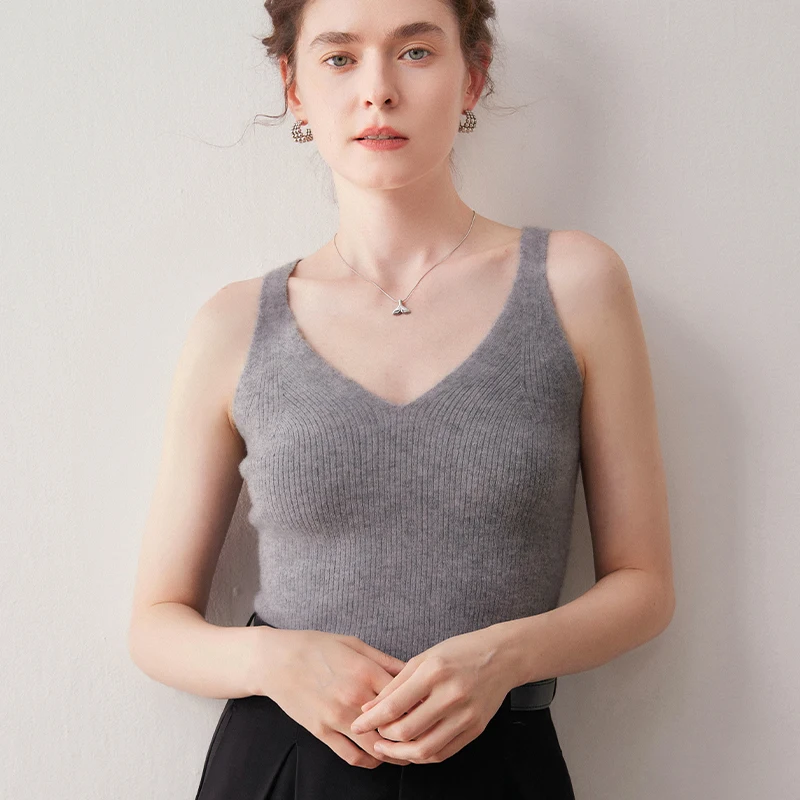 New Pure 100%Cashmere V-Neck Knitted Tank Top Women Slimming Sleeveless Base Layer No-Sleeve Small Top Fashionable Commute