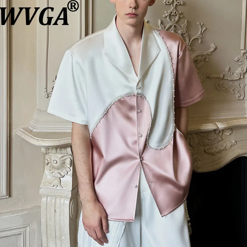 WVGA New Men's Summer Tide Niche Design Patchwork Color-Block Trendy Short Sleeve Shirt High-End Chic Casual Tops Ins Y2K W17976