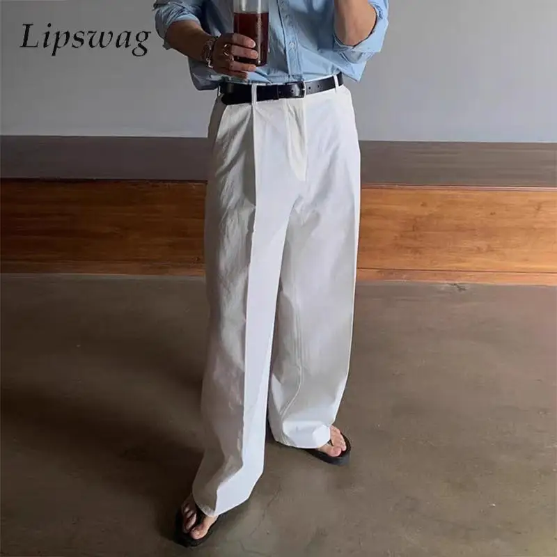 

Vintage Solid Color White Trousers Mens Business Office Casual Pleated Straight Pants Men 2026 Spring Summer Breathable Bottoms