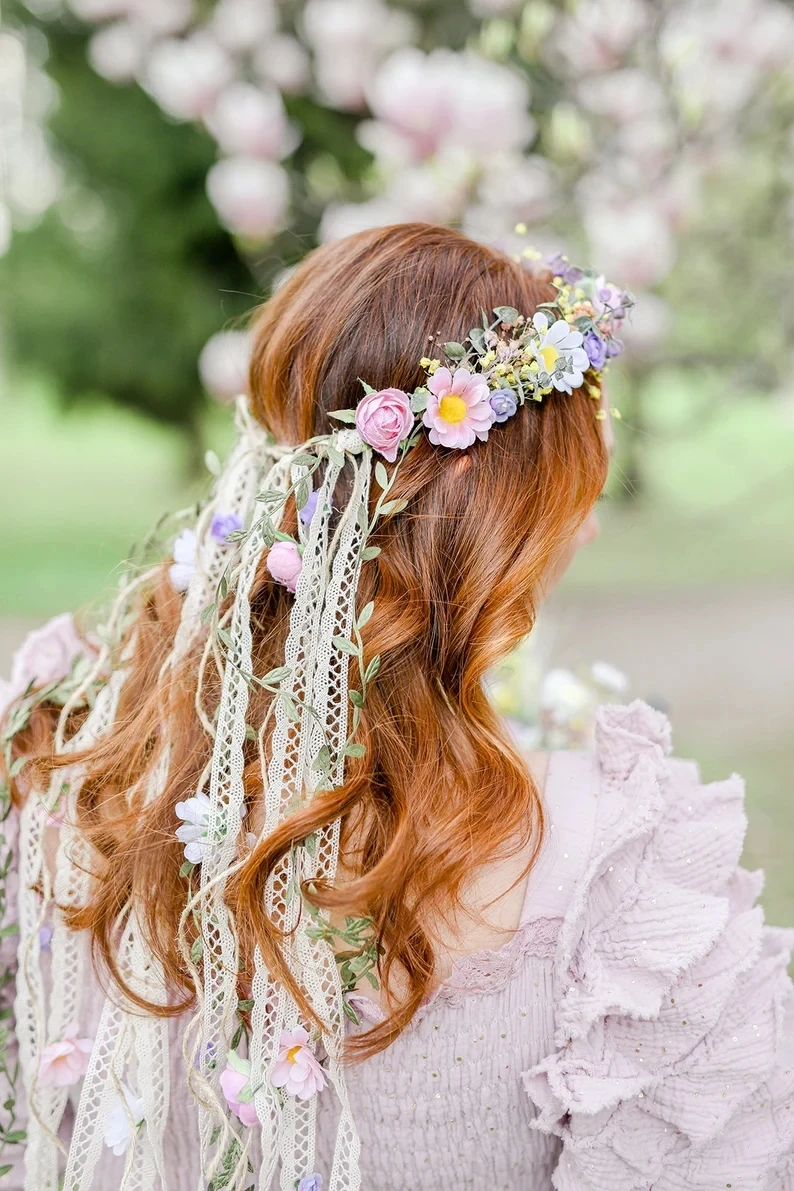 Haimeikang Bohemian Rattan Blume Spitze Reben Krone Stirnband für Braut Hochzeit Haarschmuck Mädchen Blumenkranz Stirnband