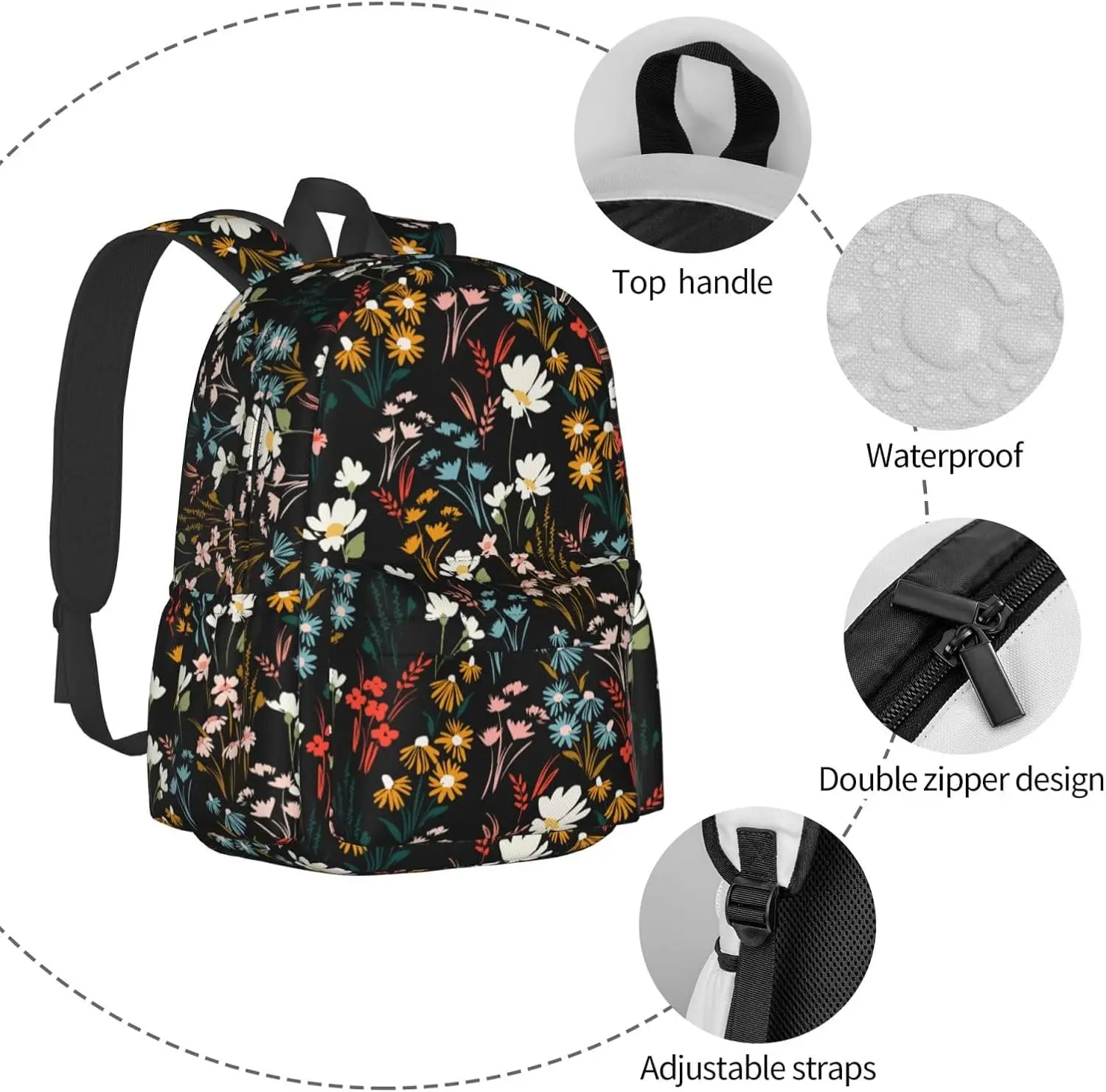 Mochila elegante con flores silvestres y correas de hombro acolchadas ajustables Mochilas para viajes universitarios