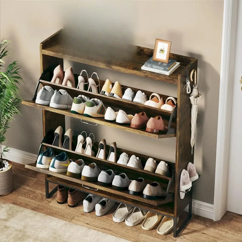 Shoe Cabinet with 2 Flip Drawers - Adjustable Shelving, Separate Storage Cabinet with Metal Legs for Entry, Narrow