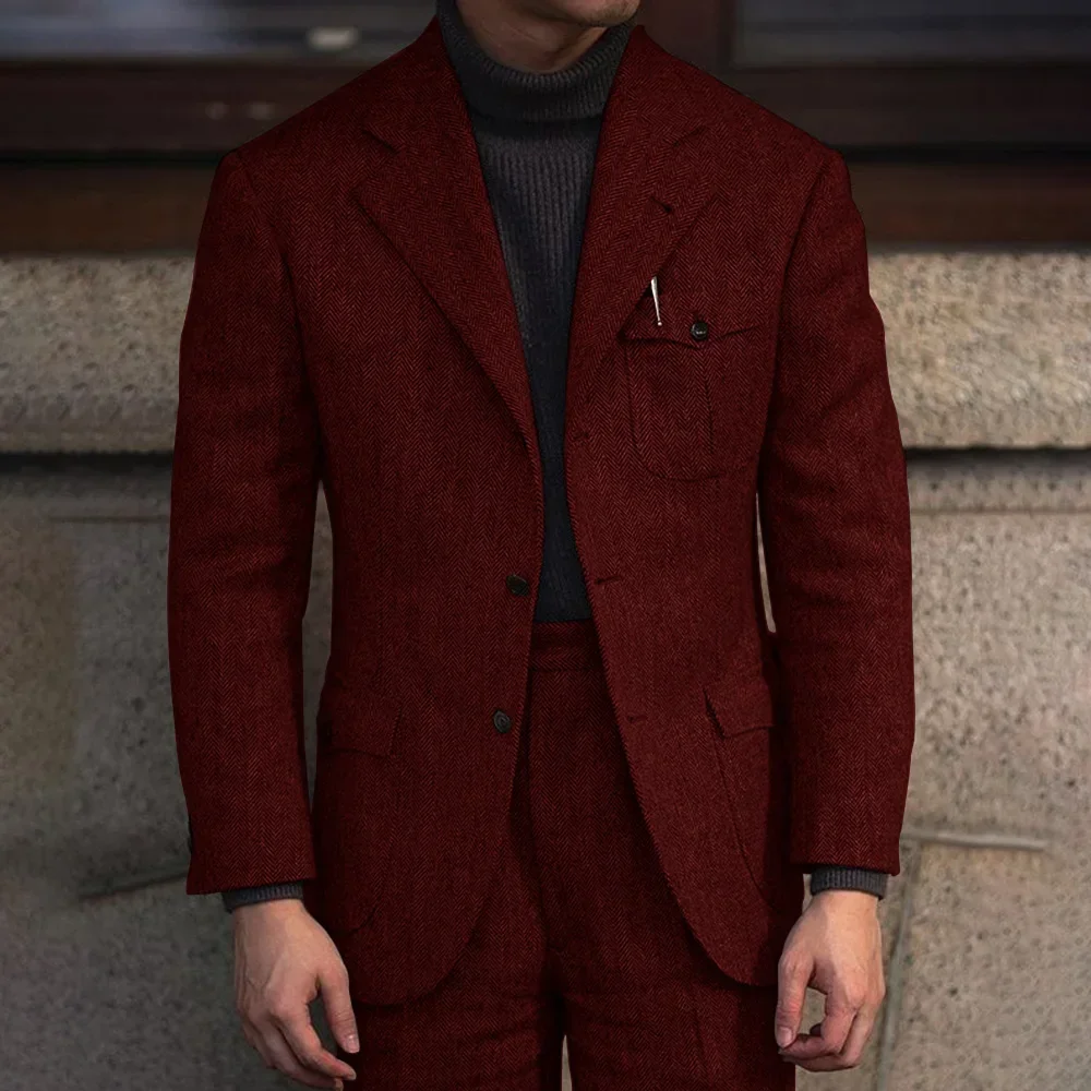 

Classic Winter Burgundy Men's Herringbone Suits Elegant Man Suits Sets Clothes For Men 2 Pieces Male Formal Wedding Mens Dress