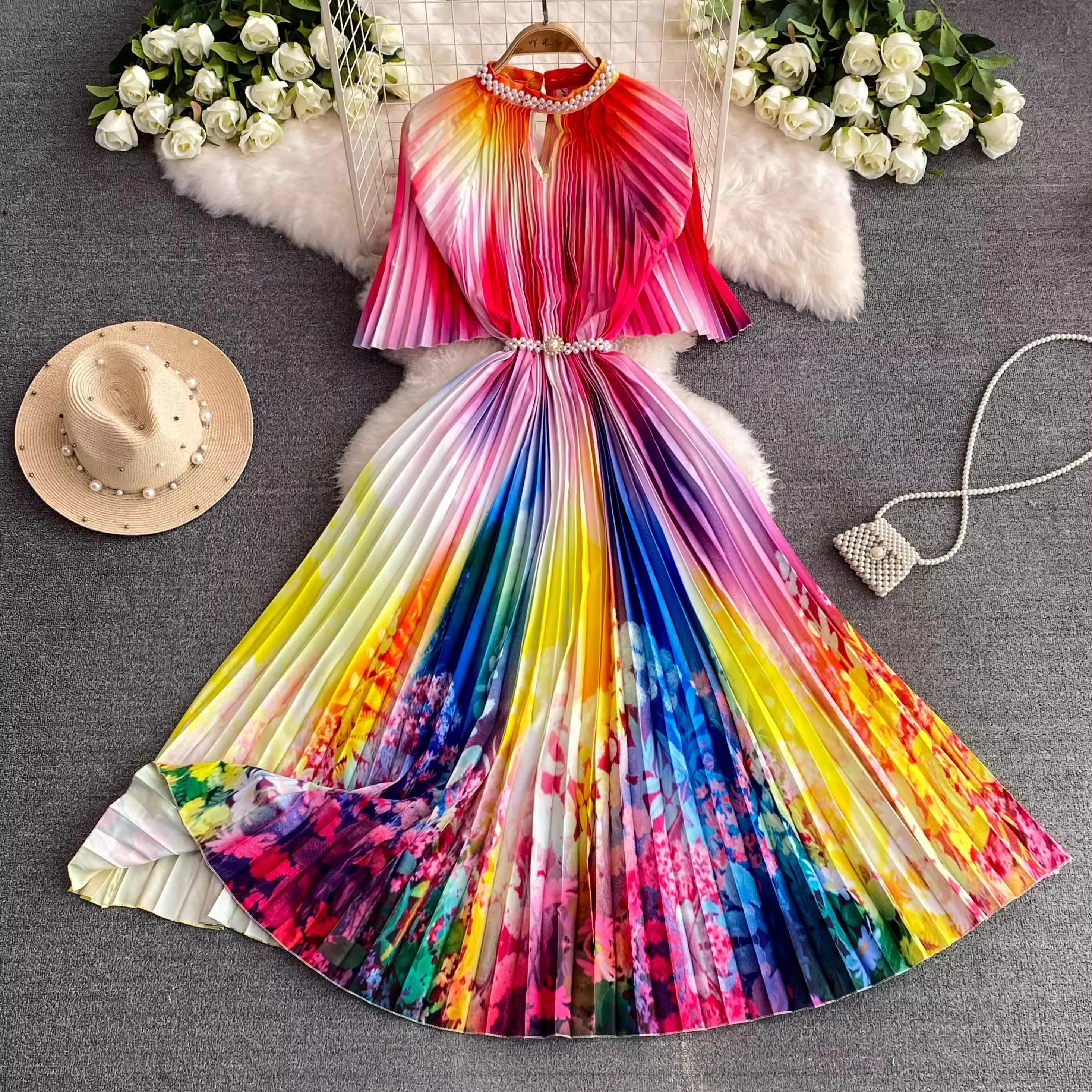 

Miyake Oversized Pleated Loose Robe Dress Women Flare Sleeve Crystal Beading Belt Flower Print Belt Big Swing Long Vestidos