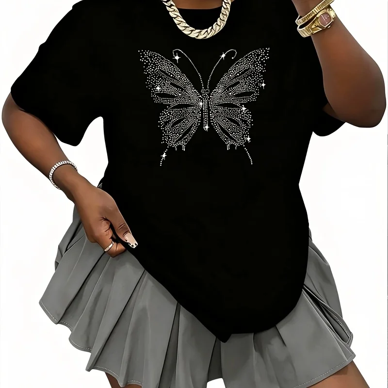 Blue Butterfly Print Women's 100% Cotton T-Shirt Short Sleeve Top Casual Round Neck Fun Print Tee S-5Xl