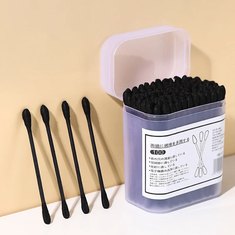 200pcs Cotton Swabs Disposable Double-ended Earpick Multipurpose Comfortable Black Spiral Cotton Swab Boxed Clean