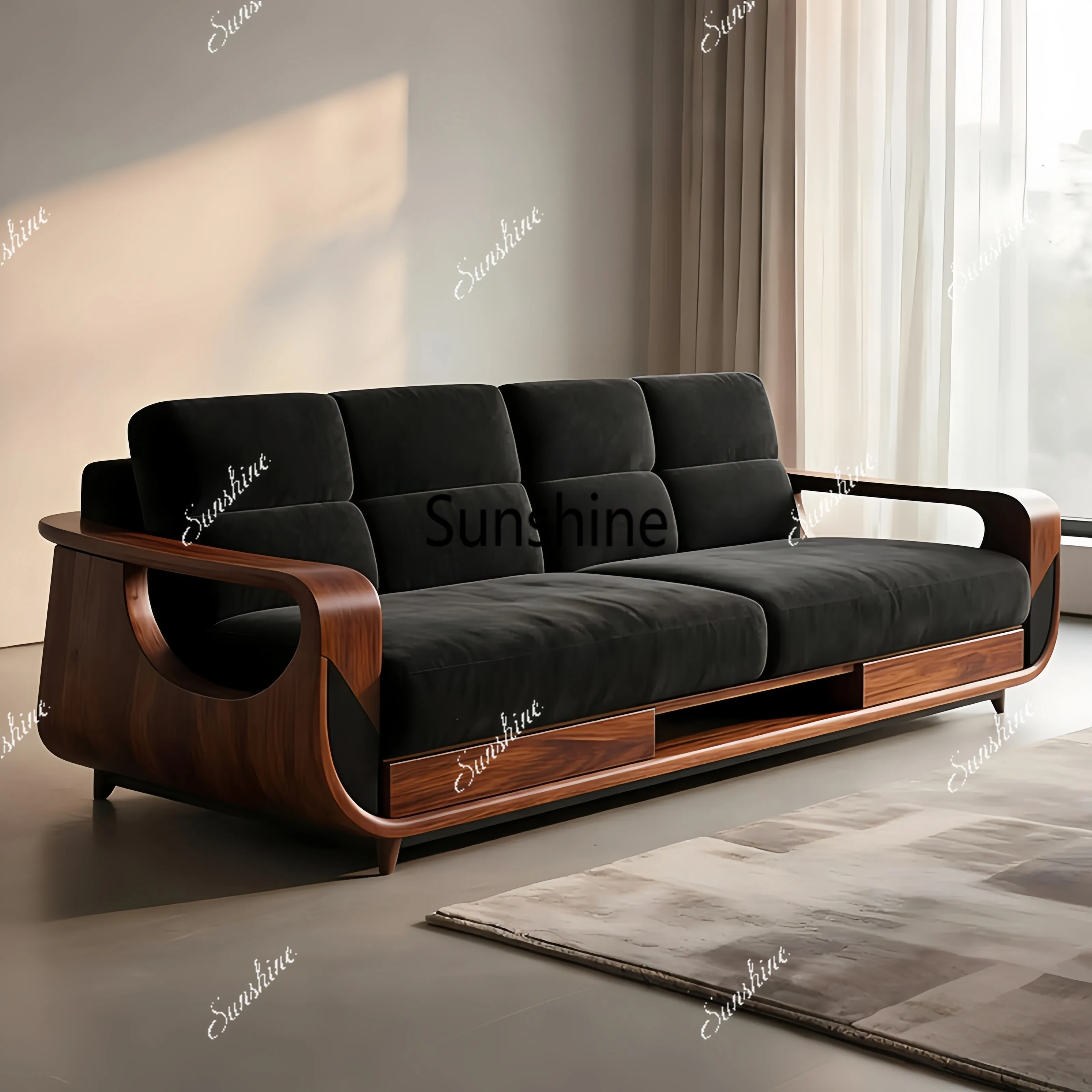 

New Chinese-style living room ash wood home wabi sandy wind simple leisure storage sofa