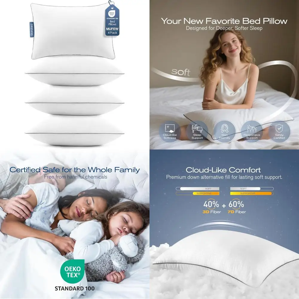 

Набор из 4 ультрамягких подушек с наполнителем, имитирующим пух - охлаждающие, гостиничного качества, для всех положений тела при сне, можно стирать в машине, белые