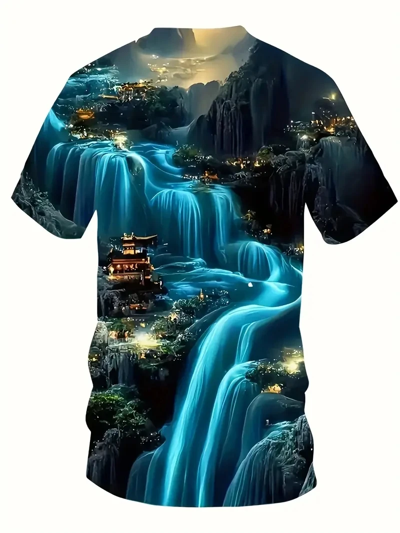 Camiseta de manga corta estampada con patrón de escena nocturna 3D de talla grande para hombre, holgada e informal, suave, cómoda y transpirable