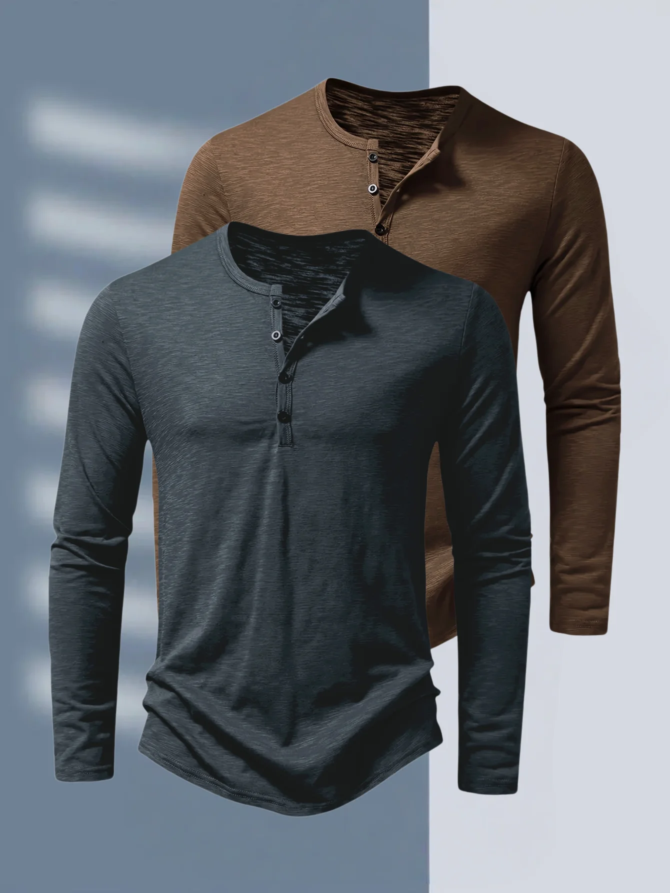 Mens Henley Long Sleeve T Shirt Solid Color Button Placket Crew Neck Slim Fit Casual Basic Tee Male Daily Tops