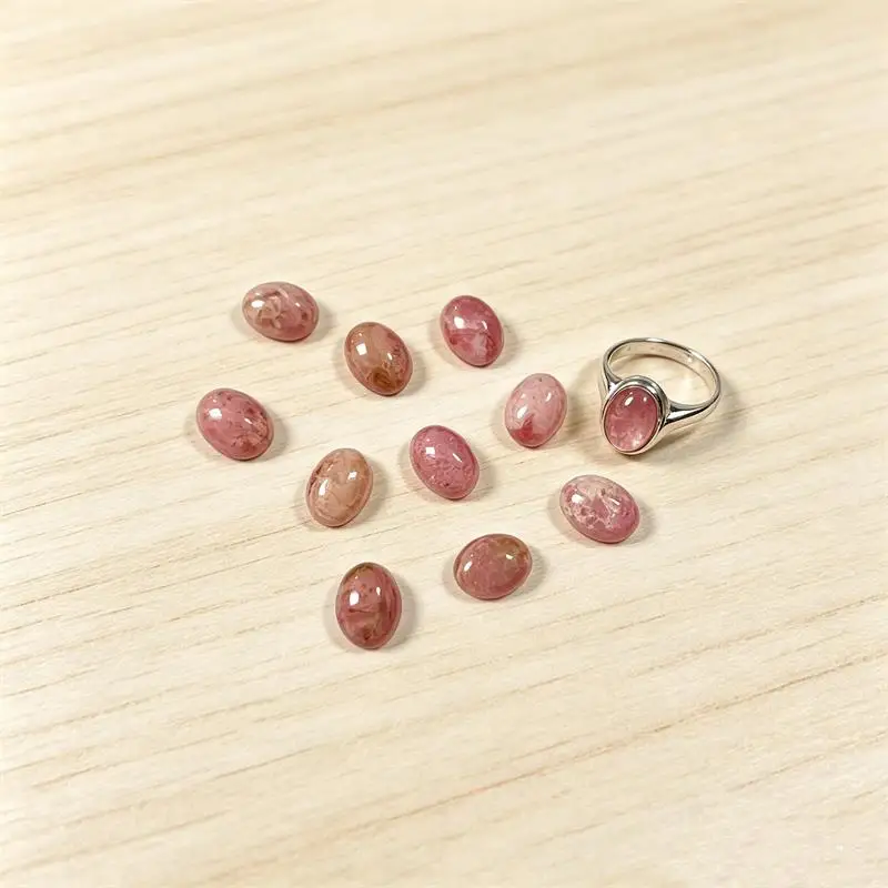 5pcs 7x9mm Rhodonite Oval Cabochon Beads No Hole Polished Flat Back for Necklace Pendant