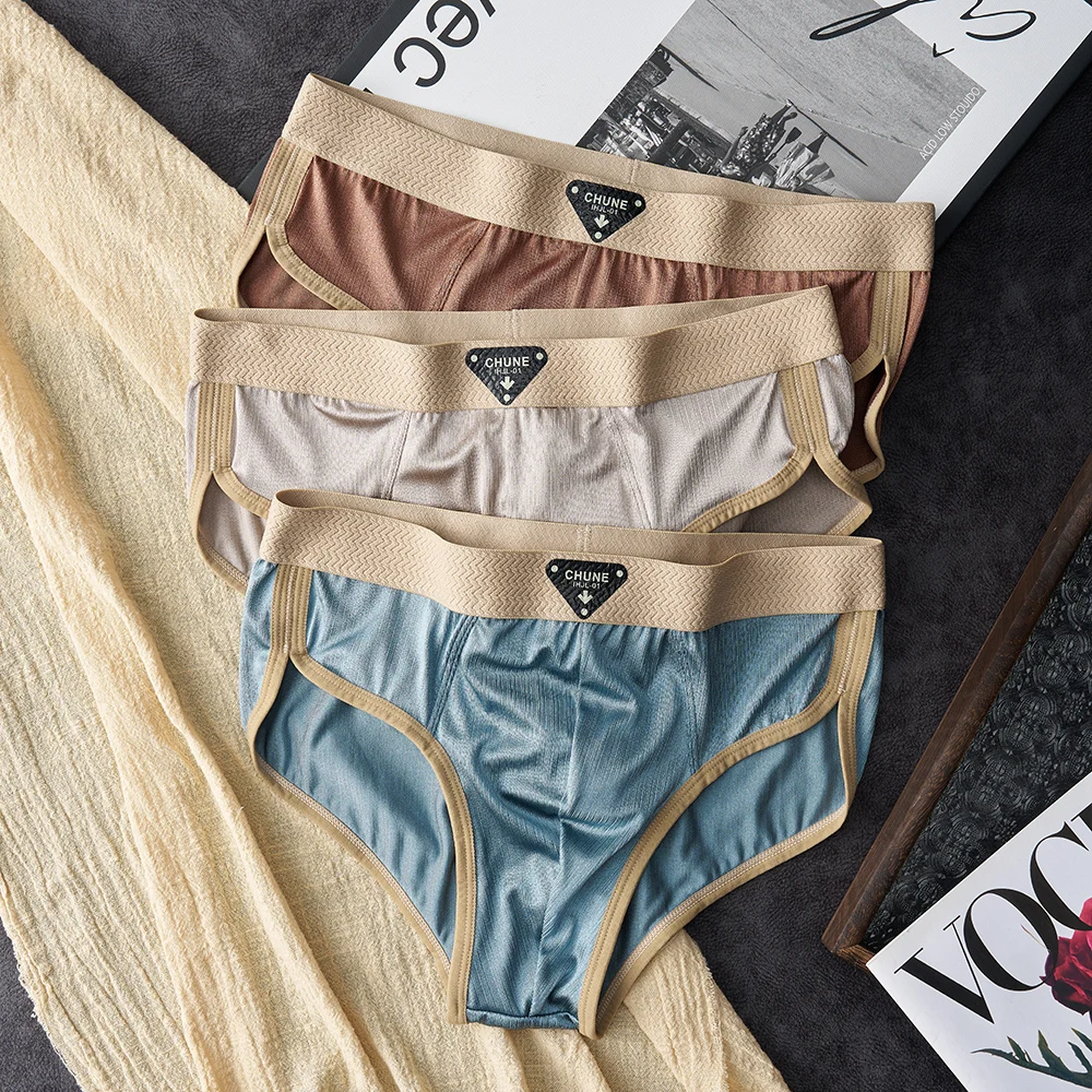

3PCS/Pack Luxury Satin-like Men's Panties Smooth Cool Ice Silk Man Undrewear Hygroscopic Breathable Mesh Silk Crotch Sexy Briefs