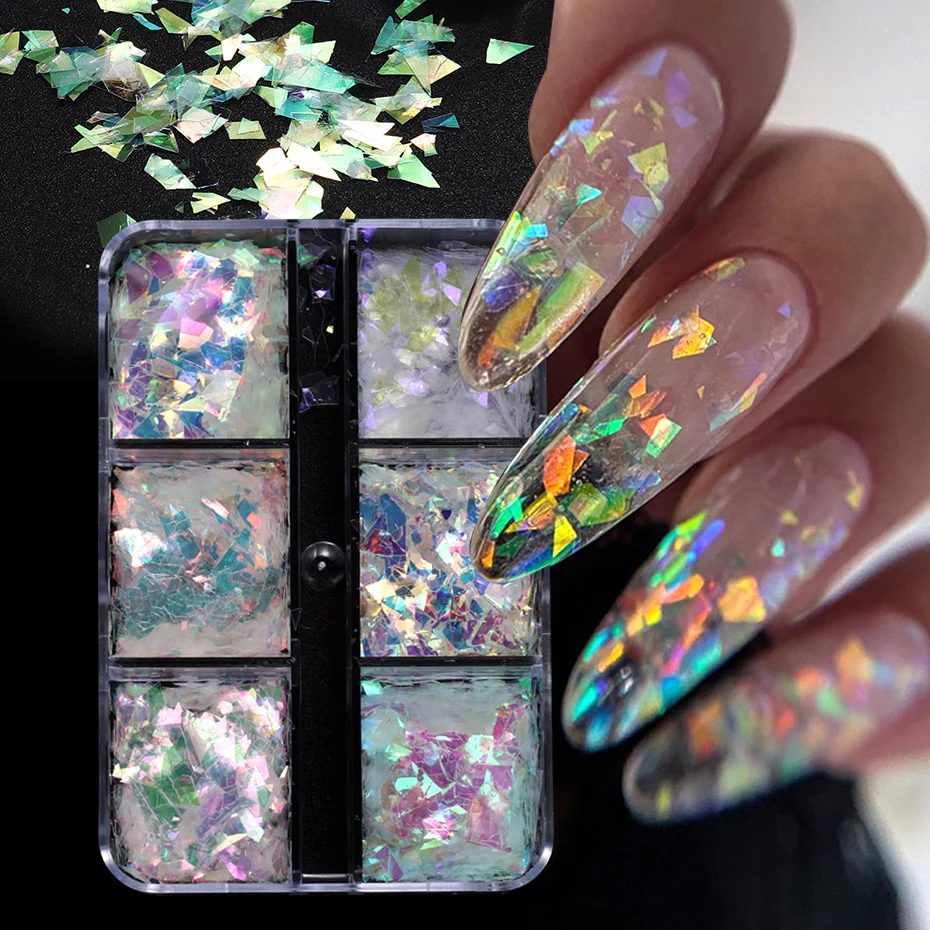 6 Grids AB Iridescent Nail Glitter Flakes Irregular Aurora Sparkle Sequin Crystal Glass Fairy Paillette DIY Manicure Decor Slice