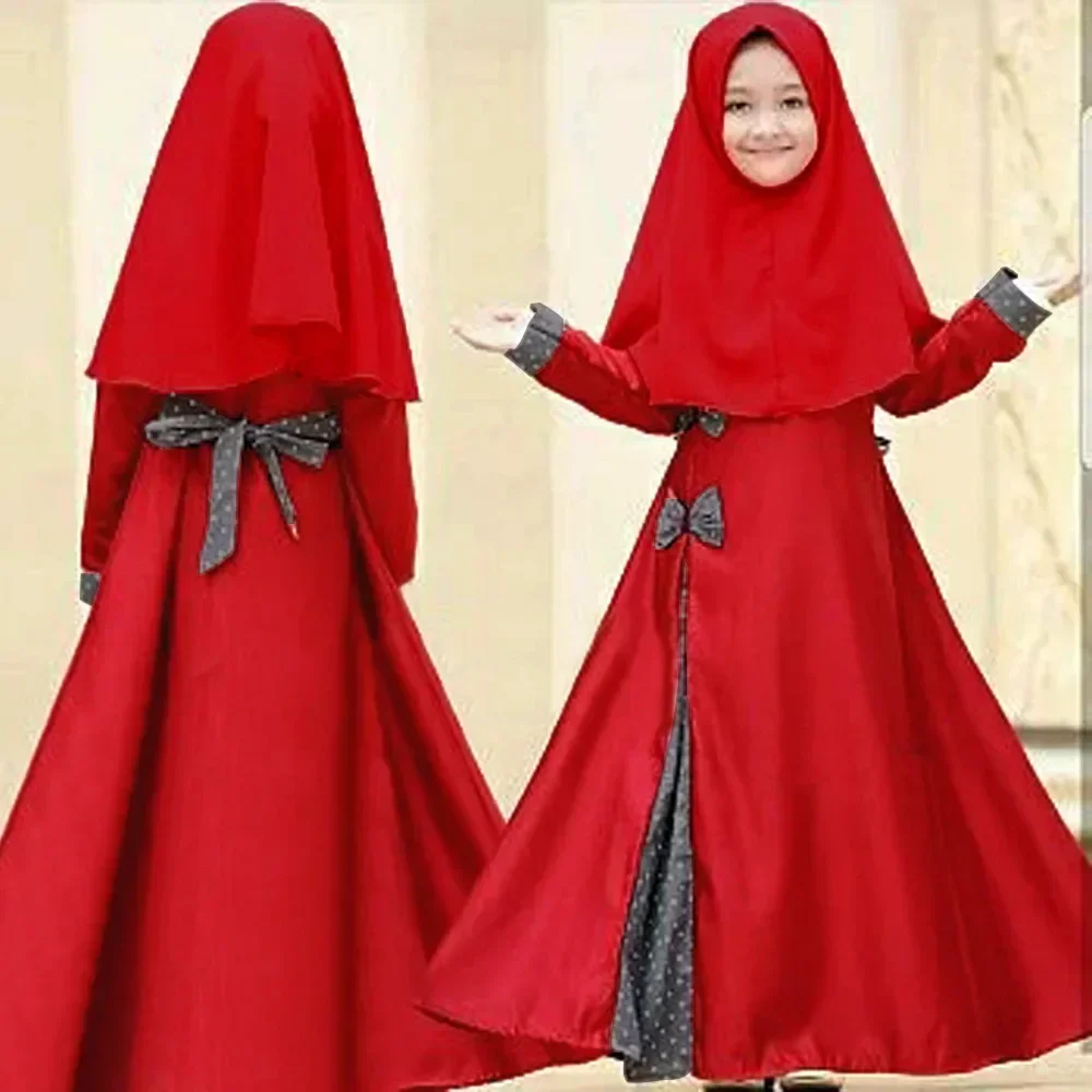 Muslim Girls Hijab Dress 2 Pieces Set Kids Khimar Jalabiya Dubai Turkey Abaya Prayer Robe Kaftan Ramadan Eid Burqa Islam Outfits