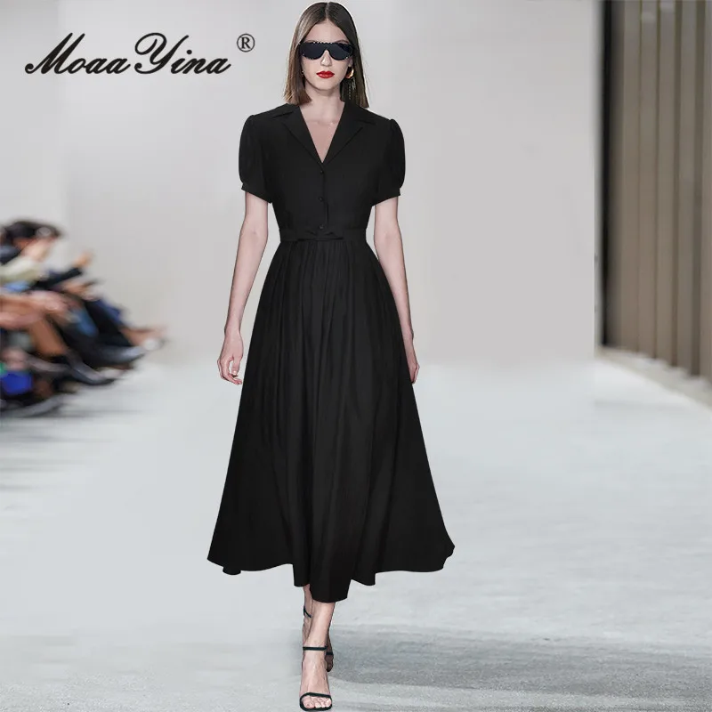 MoaaYina Summer Fashion Designer Vintage Black Dress Women\'s Turn-down Collar Short Sleeve Button Bow-frenulum A-LINE Long Dress