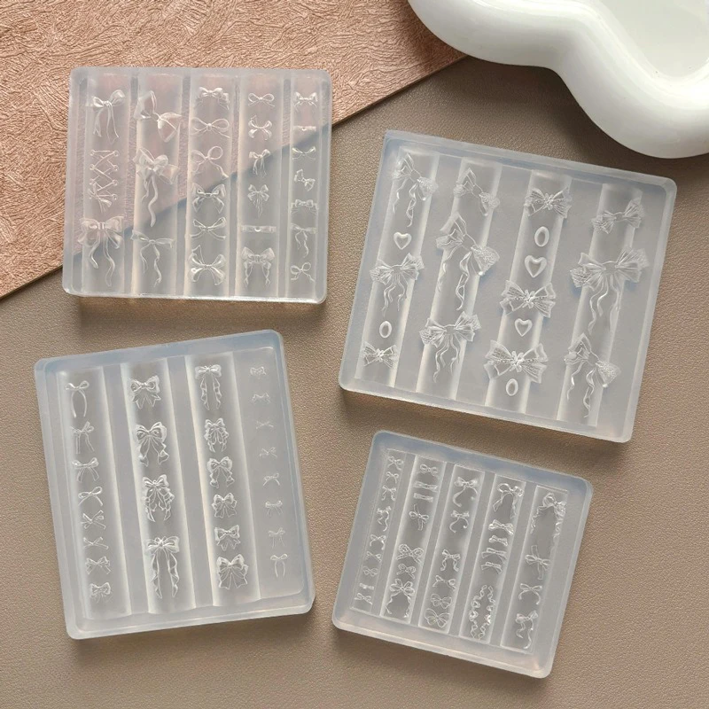 3D Ribbon Bowknot Shaped Mold Stamping Stencils UV Gel Polish Art Mould Silicone Carving Mold DIY Design Nail Charm Decorations