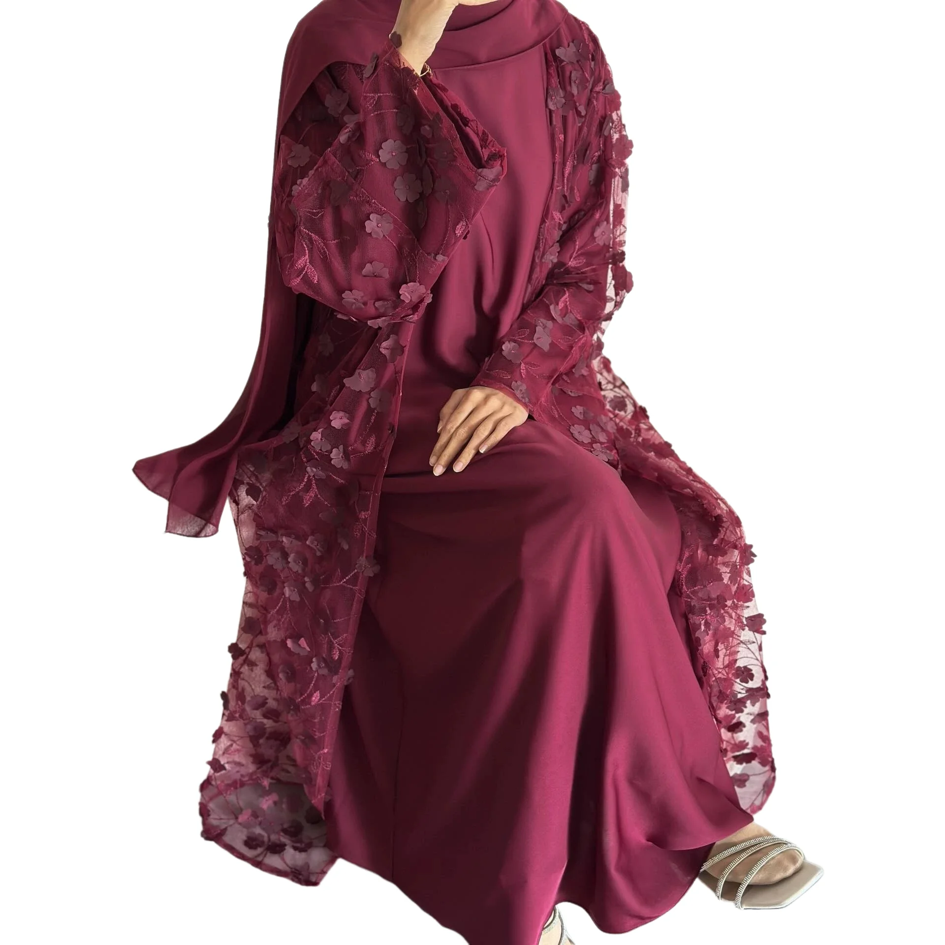 

Ramadan Eid Islamic 3 Piece Outfit Plus Size 3D Floral Mesh Open Kimono Abaya Long Inner Maxi Dress Hijab Women Party Abaya Set