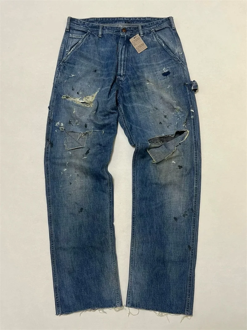 25ss Washed Blue SAINT MICHAEL Jeans Men Women 1:1 Top Quality Splashing Ink Through Holes Oversized Jeans