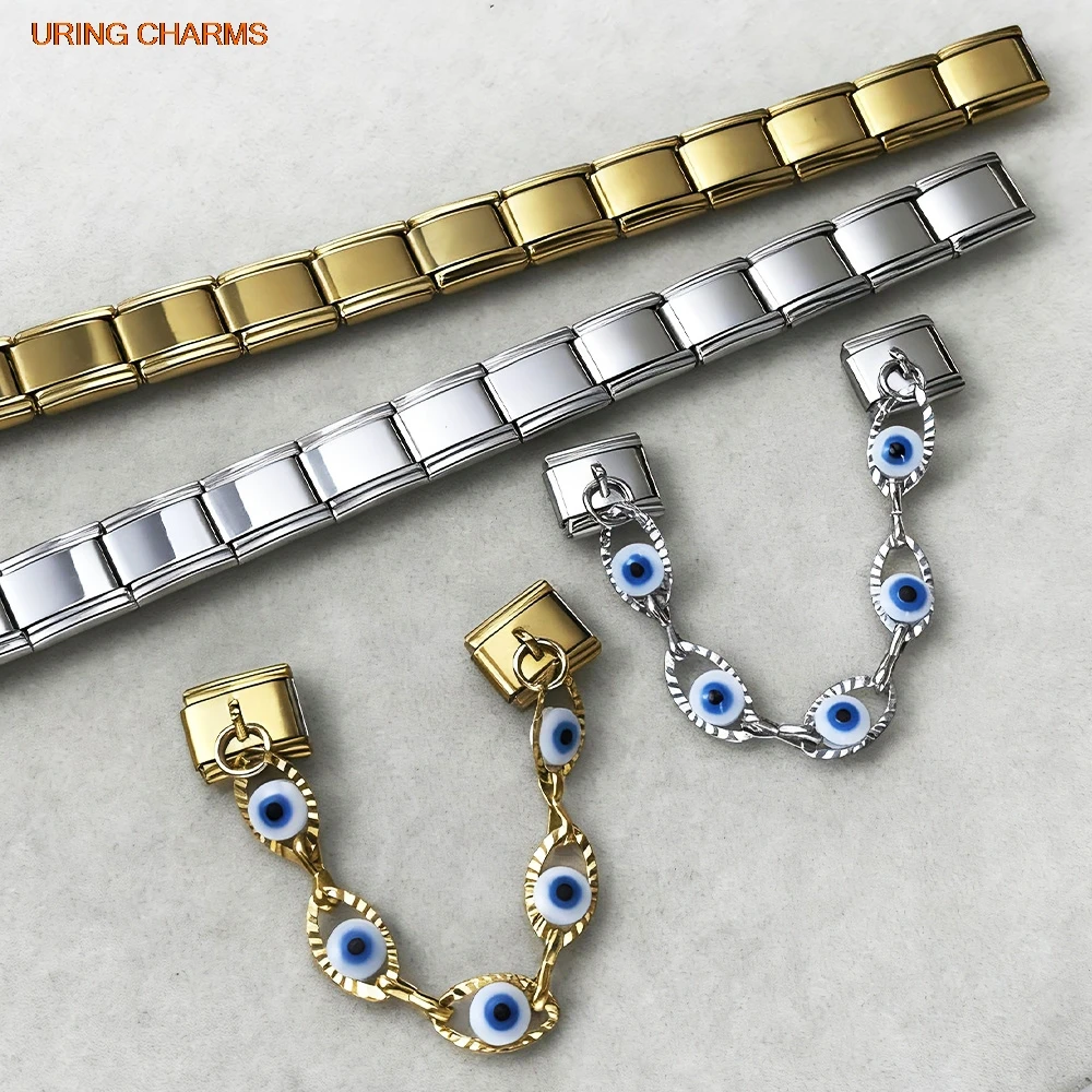 Fashion Double Hanging Chain Devil's Eye Colorful Flower Italian Charm Link fit 9mm Stainless Steel Bracelet DIY Jewelry Making