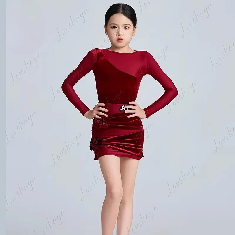 Terno de treinamento de dança latina infantil – novo estilo outono-inverno – roupa de veludo vermelho para performance profissional para meninas