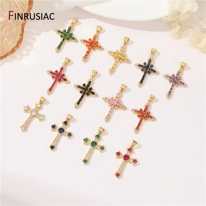 14K Gold Plated Brass Inlaid Zircon Colourful Cross Charms For DIY Religious Faith Charm Necklace Jewelry Making Accessories