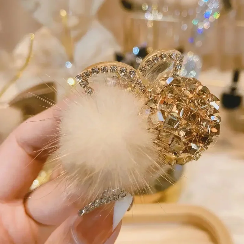 Korean New Gold Mink Hair Ball Grab Clips ball Square Full Diamond  Top Clip Horsetail Drill  Accessories for Women