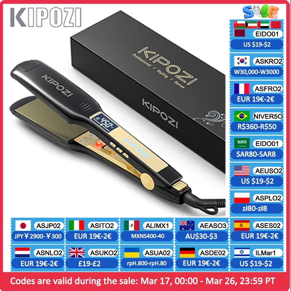 KIPOZI Professional Titanium Flat Iron Hair Straightener with Digital LCD Display Dual Voltage Instant Heating Curling Iron