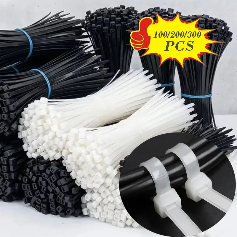 300-100Pcs Plastic Nylon Cable Ties Self-locking Cord Ties Straps Adjustable Cables Fastening Loop Home Office Wire Zip Tie
