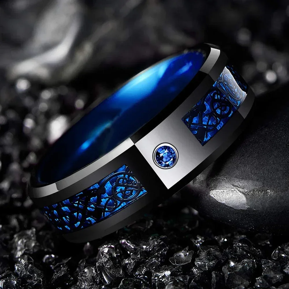 Fashion Men's 8mm Black Tungsten Wedding Celtic Dragon Rings Inlaid Blue Zircon Stainless Steel Red Carbon Fibre Ring For Men