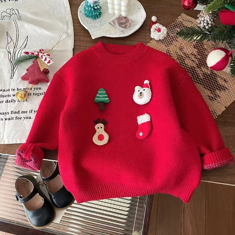 

Children's Ankela Red Sweater Christmas New Year Cartoon 3D Men's and Women's Treasure Knitted Top Hoodie