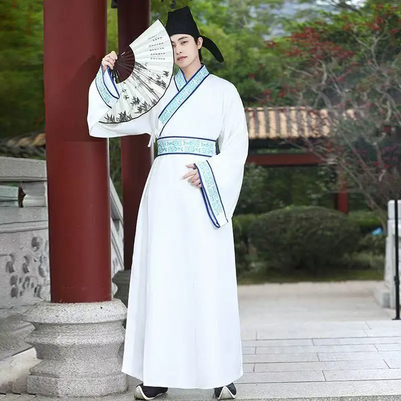 Men's Hanfu Tang Song Cross Collar Long Robe Traditional Chinese Embroidered Clothing Halloween Scholar Cosplay Costume Hanfu