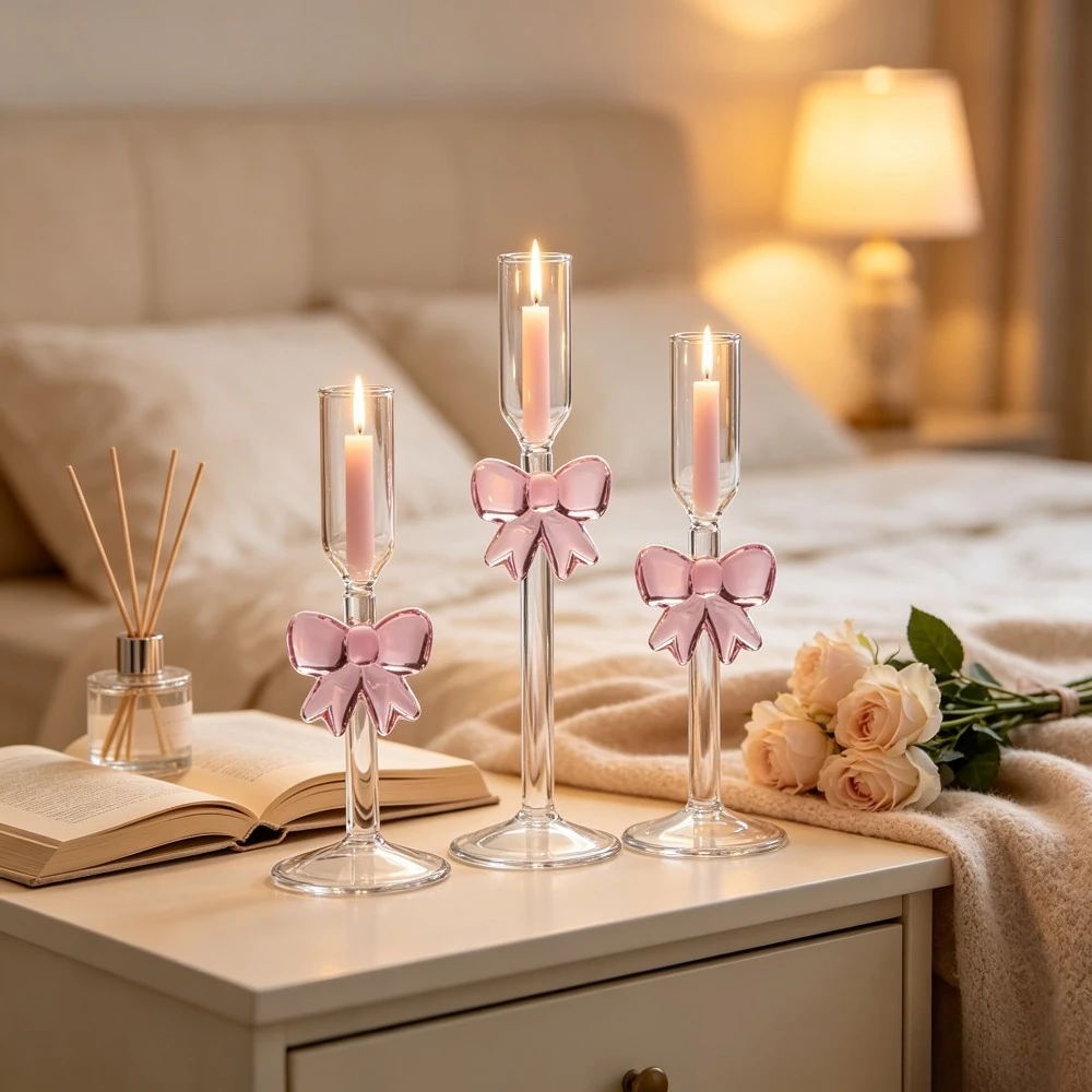 3Pcs Set Bowknot Glass Candlestick Clear Long Stem Candle Holder with Pink Bow for Party Dinner Table Decoration