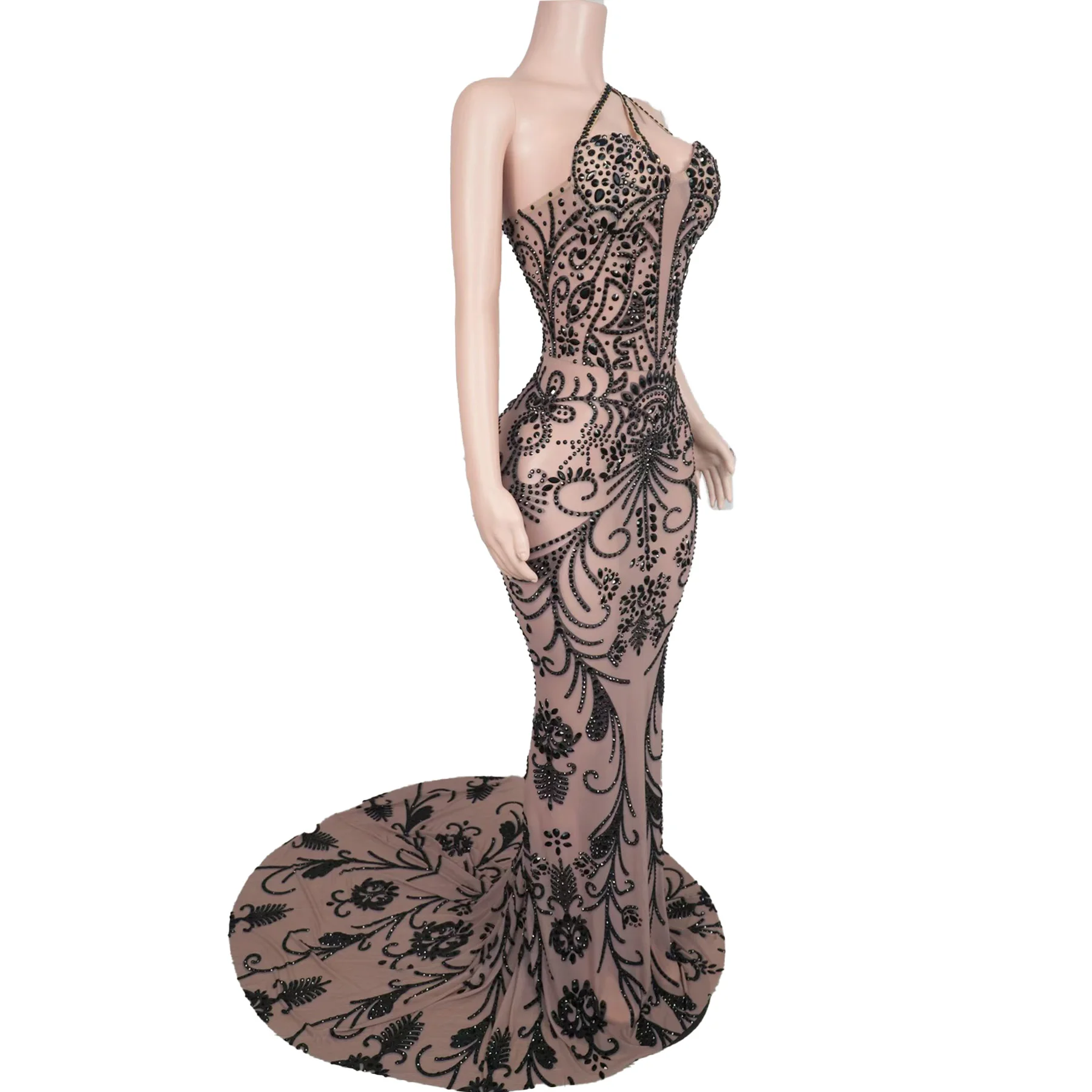 فستان سهرة نسائي أنيق من Yadan أسود من حجر الراين الشفاف الشبكي غير المنتظم فستان المشاهير على السجادة الحمراء لحفلات العشاء