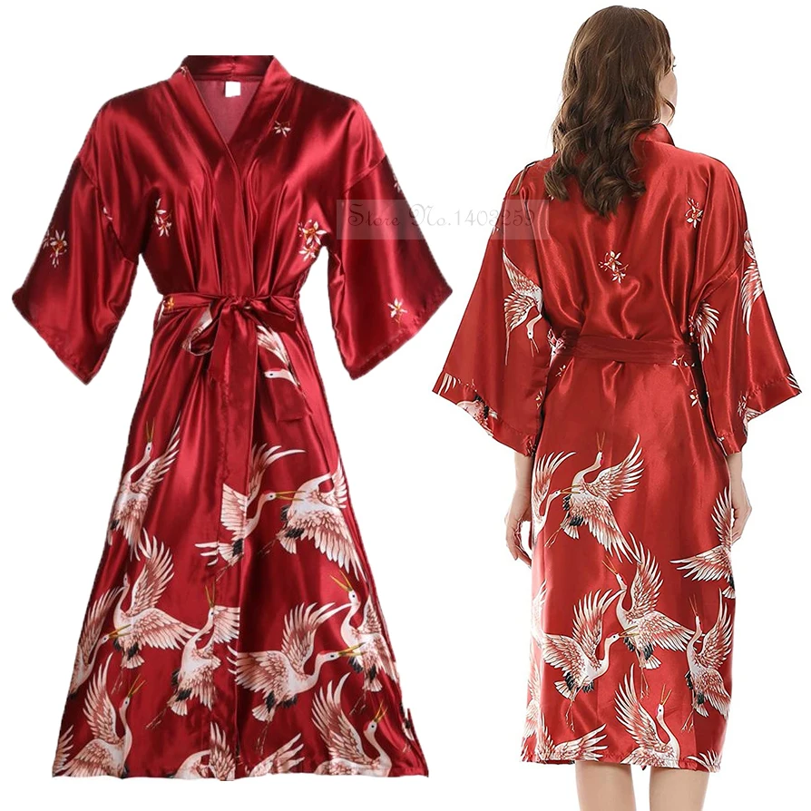 PLUS SIZE Long Kimono Bathrobe Satin Women Sleepwear Nightgown Print Crane Bride Bridesmaid Wedding Robe Dress Loose Homewear