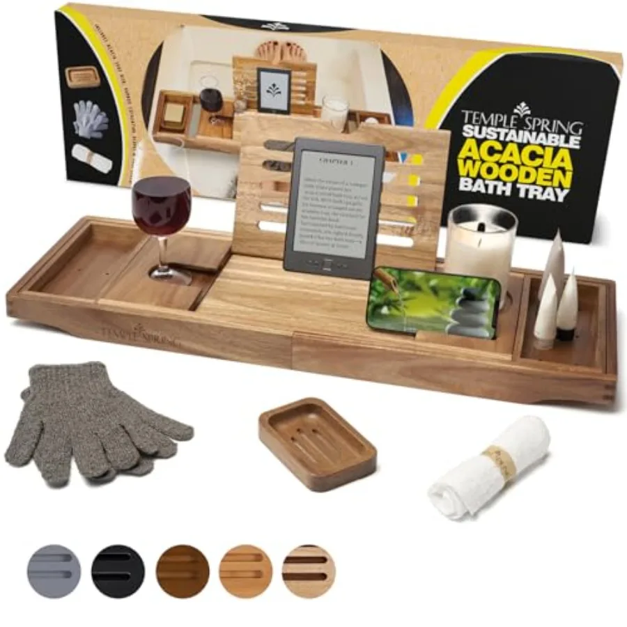 

Поднос-органайзер для ванны из акации, расширяемый, с подставкой для книг, держателем для вина и нескользящими накладками, в комплекте с мыльницей