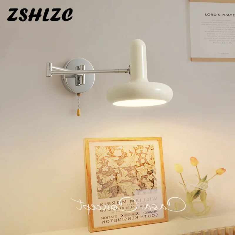 Bauhaus White Swing Arm Adjustable Wall Lamp Bedroom Bedside Living Room LED Wall Light Retractable Study Reading Sconce Led E27