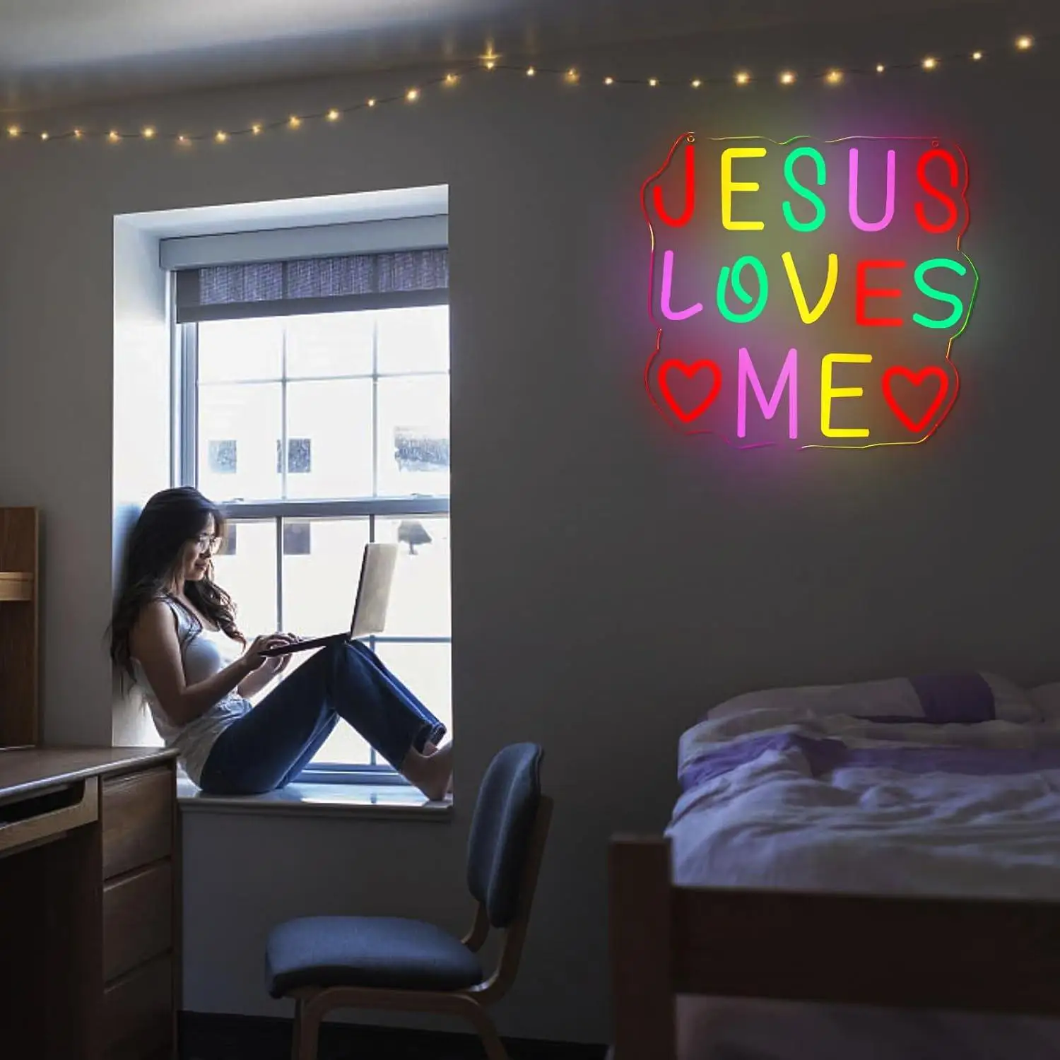 Jesus Loves Me Neon Sign USB Dimmable LED Wall Light For Bedroom Nursery Church Christian Home Faith Decor Religious Gifts