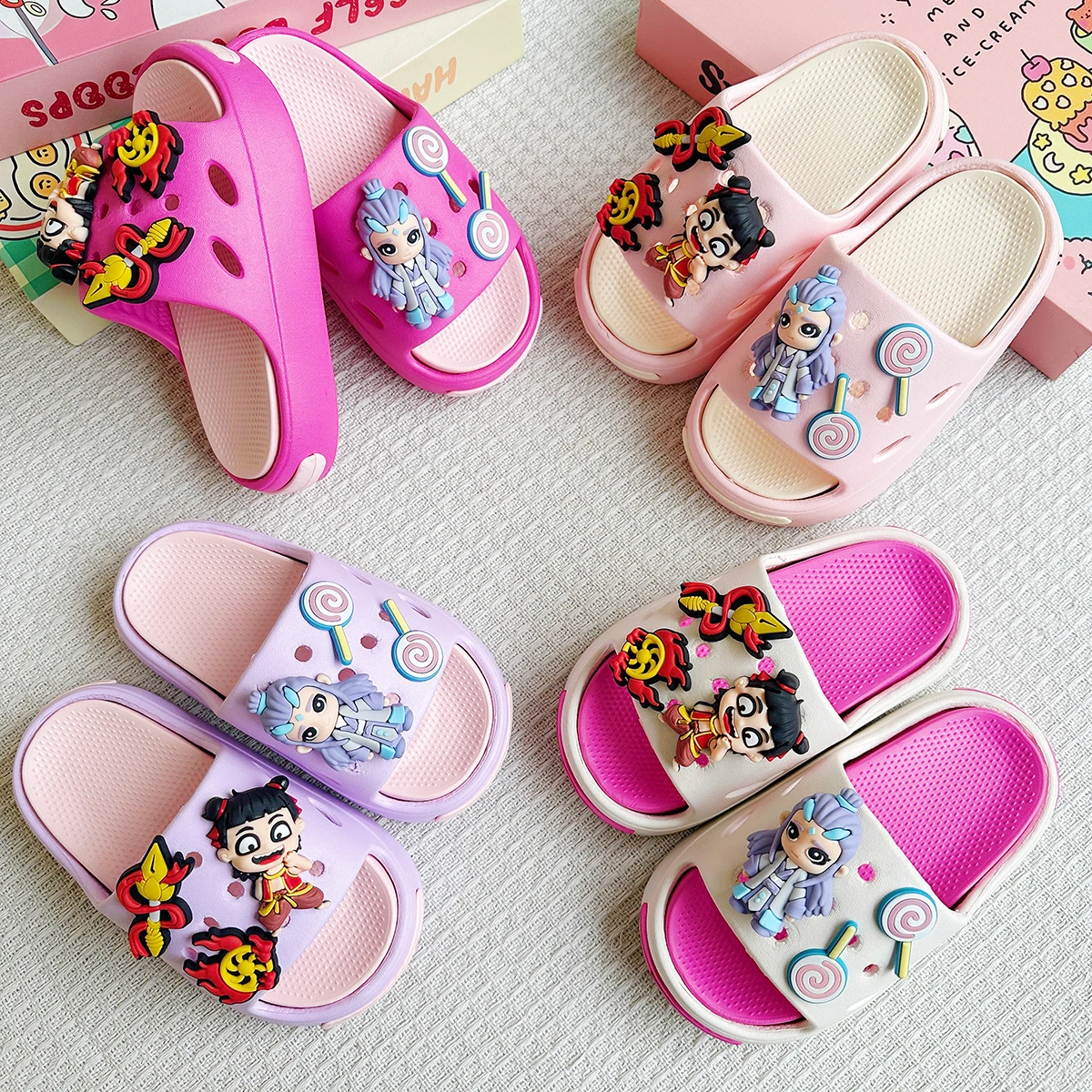

New Trendy Cartoon Nezha and Ao Bing Versatile Girls' Eva Slippers, Fashionable Dual-Color Soft-Soled Non-Slip Sandals 831