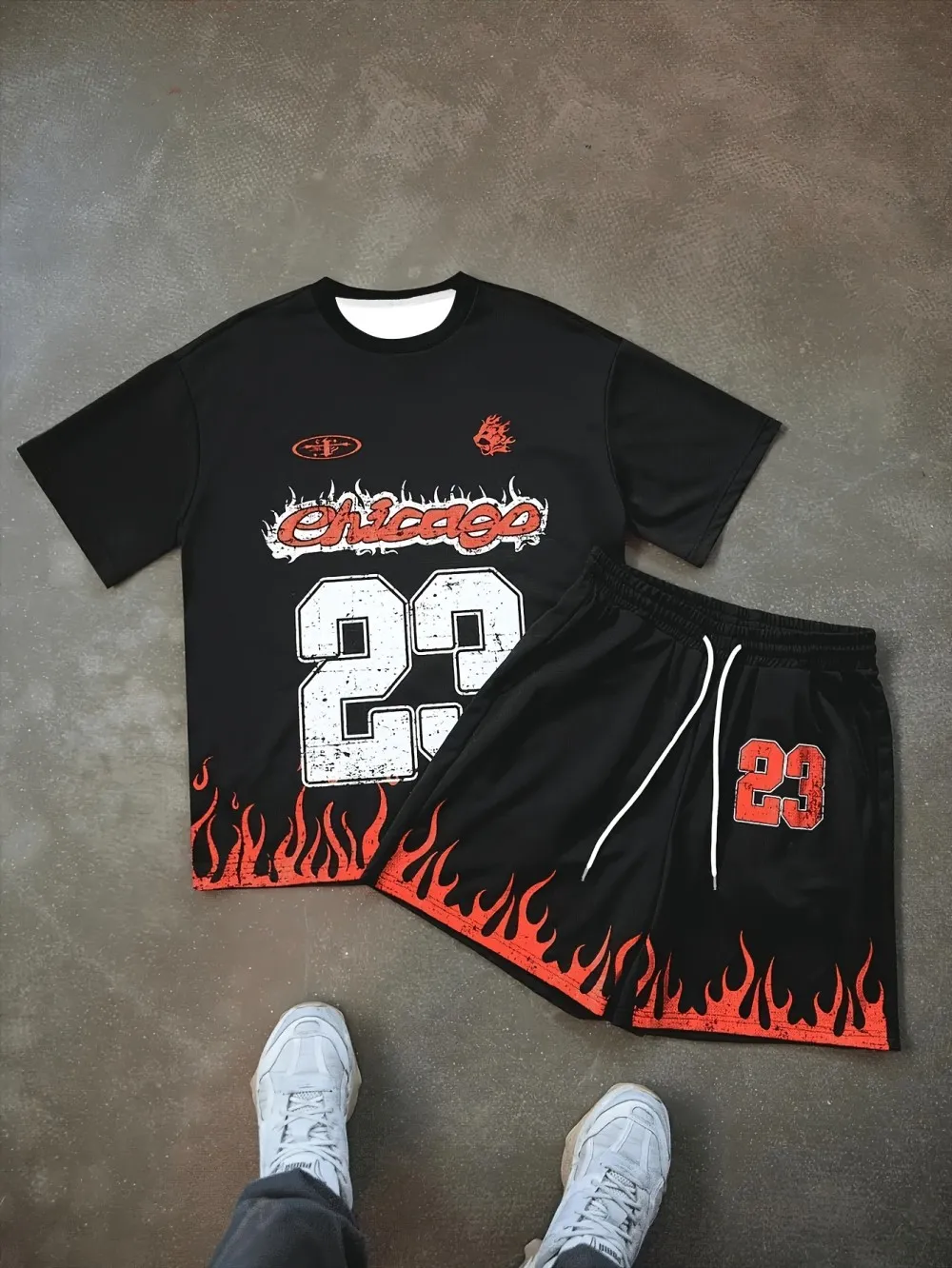 Conjunto de camiseta de cuello redondo y pantalones cortos con cordón para hombre, con estampado de letras de Chicago, cómodo y transpirable, para verano, estilo urbano.