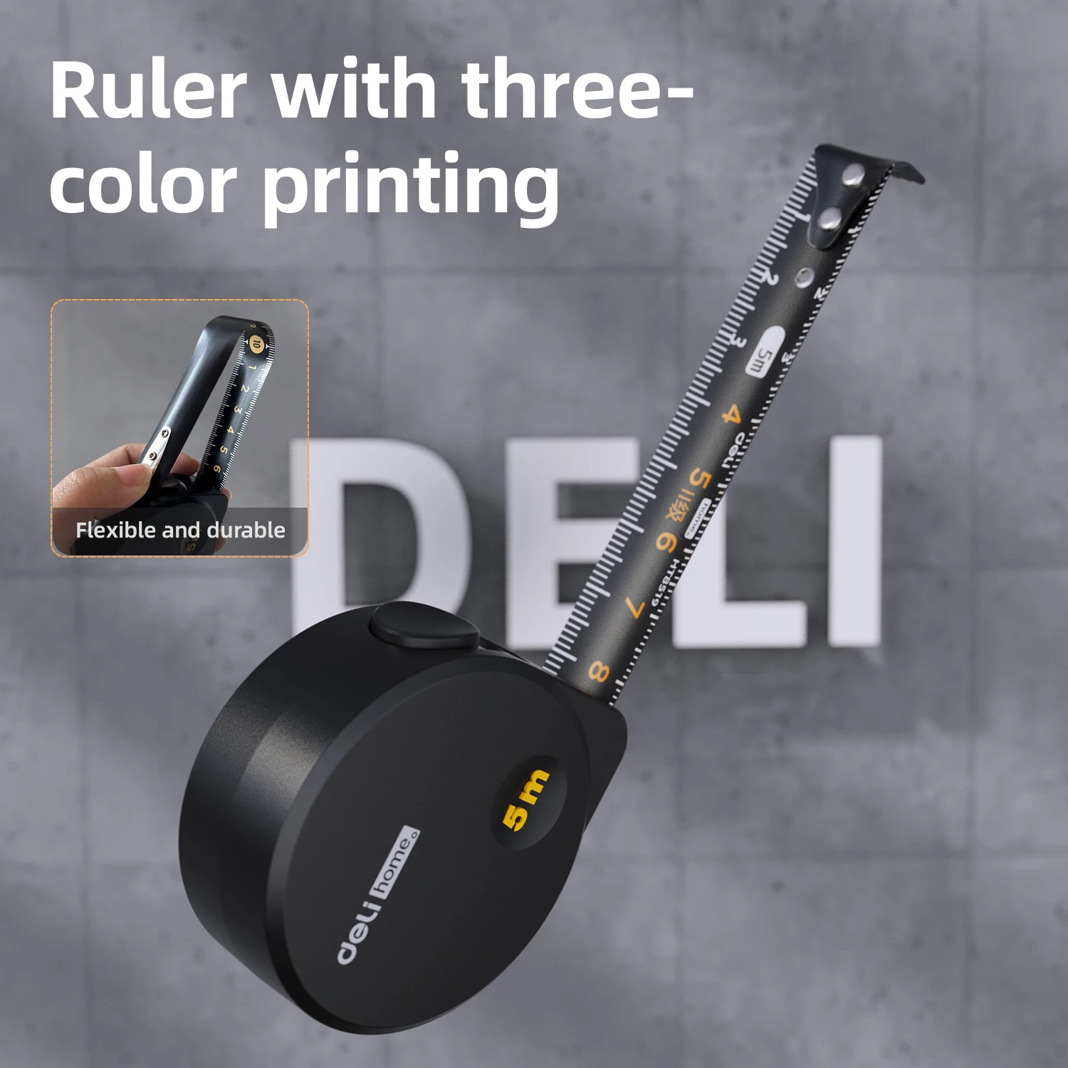 Imagem -04 - Deli Tools-fita Métrica Portátil Material de Aço Carbono Preto Alta Qualidade Ferramenta para Trabalhar Madeira 5m pc