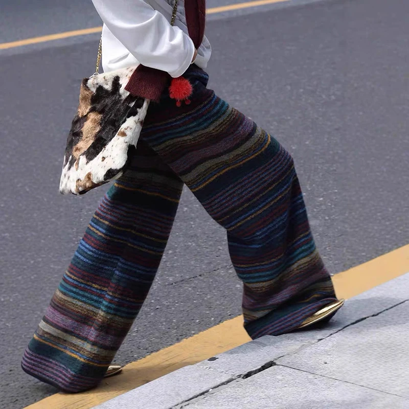 Vintage Striped Knitted Wide Leg Pants Women Harajuku Streetwear Patchwork Baggy Pants Winter Korean Design Straight Trousers