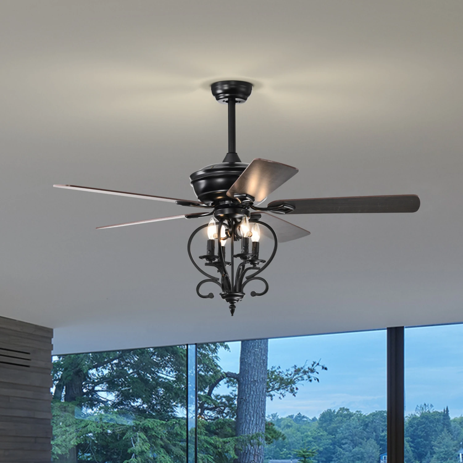 52 inch 4 Lights Ceiling Fan with 5 Wood Blades, Two-color fan blade, AC Motor, Remote Control, Reversible Airflow, 3-Speed, Adj