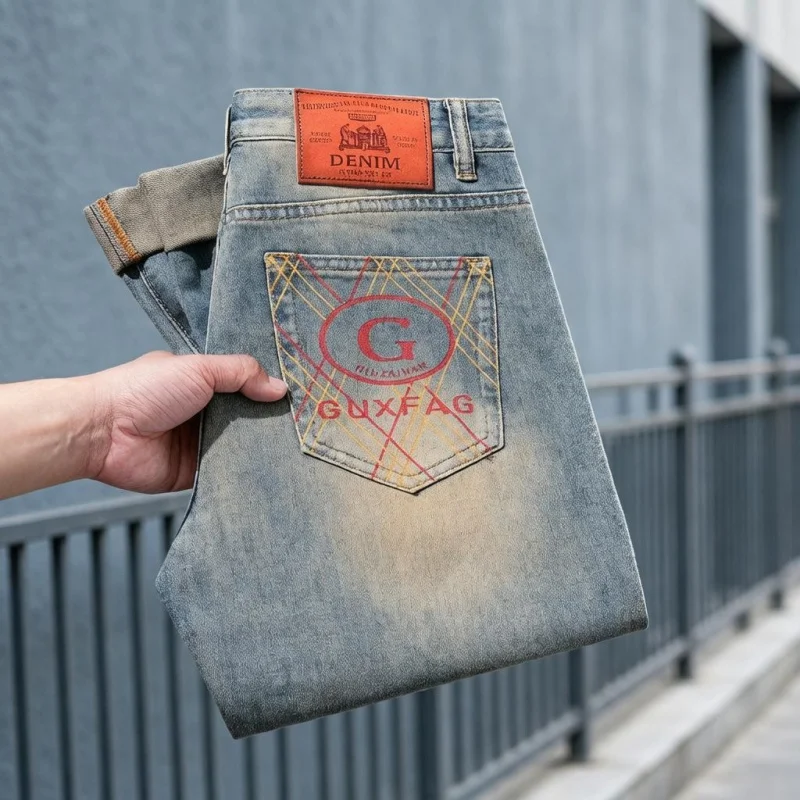 

Новые мужские джинсы 2026 года: ретро-стиль с эффектом потертости, прямой крой, задние карманы, повседневные брюки в уличном стиле