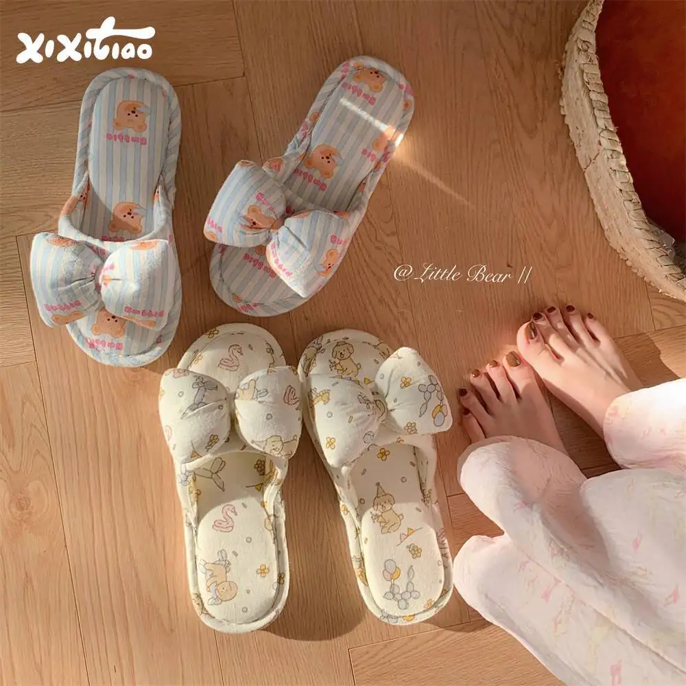 

Sweet Bedroom Cotton Linen Slippers Cute Bear Design for Women Spring Summer Lightweight Non Slip Home Floor Shoes