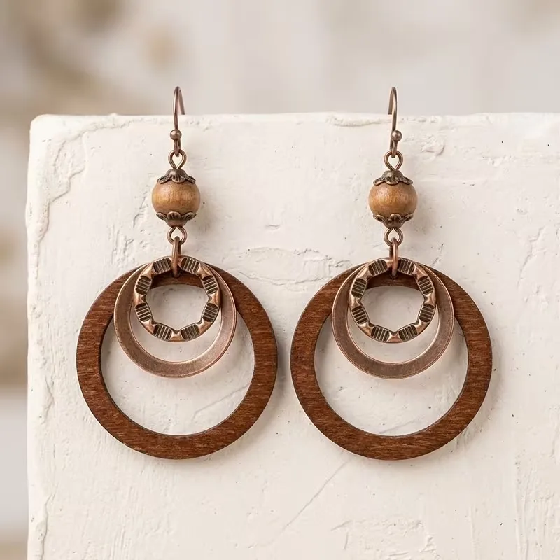 Vintage Wooden Multi-Layer Hoop Earrings for Women Ethnic Style Exaggerated Statement Earrings Jewelry Gifts