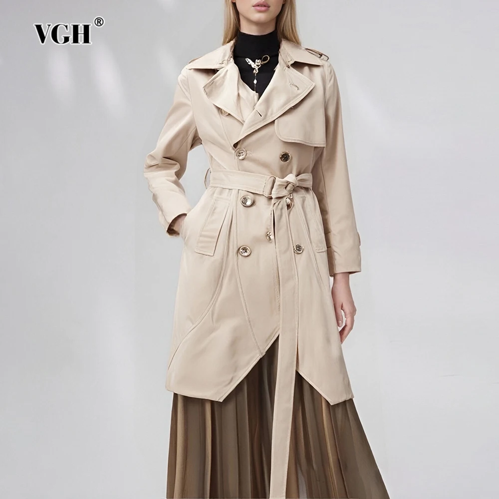 

VGH повседневный утягивающий однотонный плащ для женщин с лацканами и длинными рукавами, высокой талией, лоскутный карман, темпераментная ветровка, женская мода