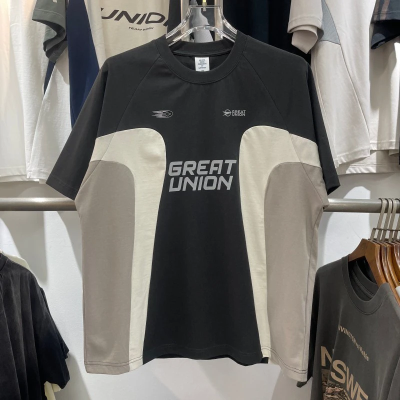 

Американская летняя новинка: свободная повседневная футболка с буквенным принтом, в стиле High Street, с цветными вставками, из хлопка